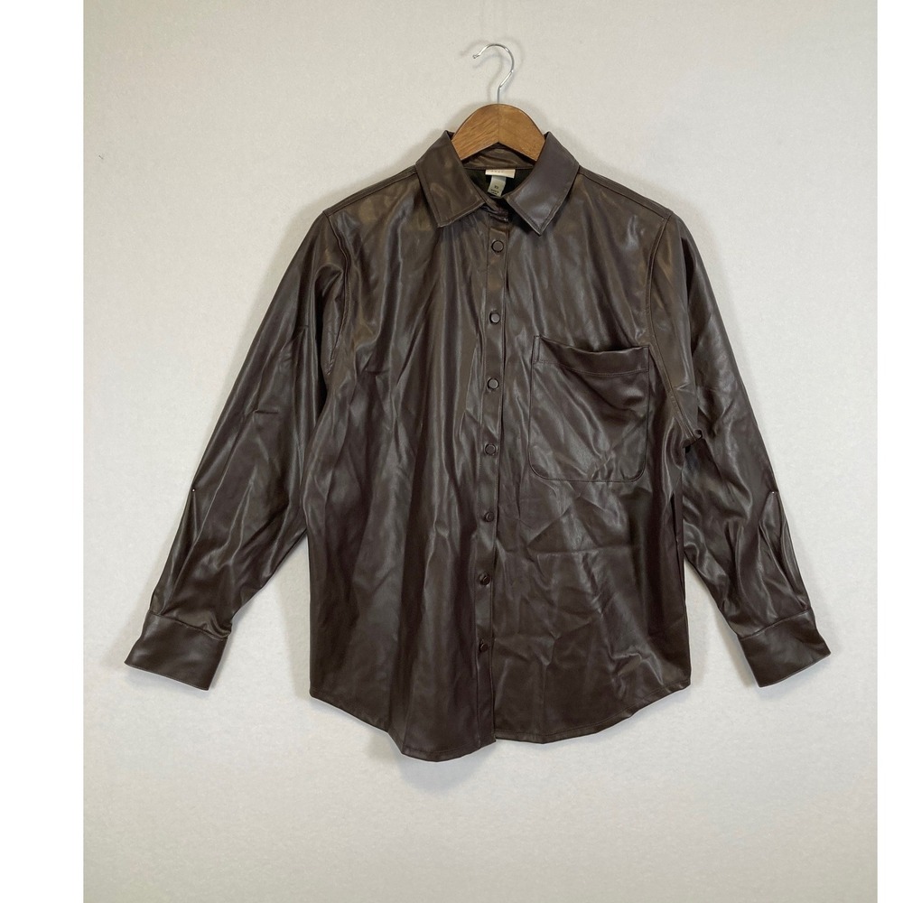 A New Day Faux‎ Leather Button Down Shirt Womens XS Brown Long Sleeve Shacket